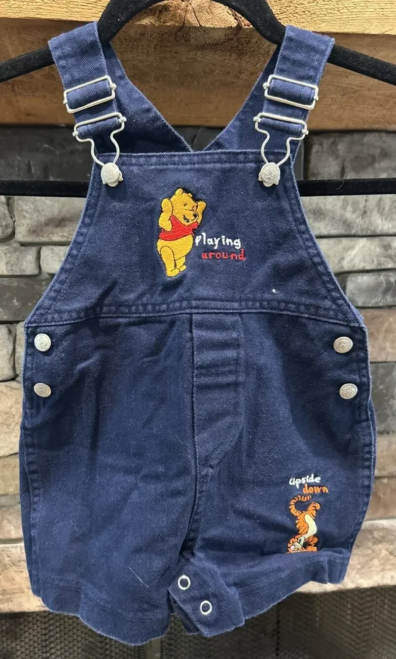 Infant Vtg Winnie The Pooh Tigger Embroidered Denim Short Overalls 18 M *A7